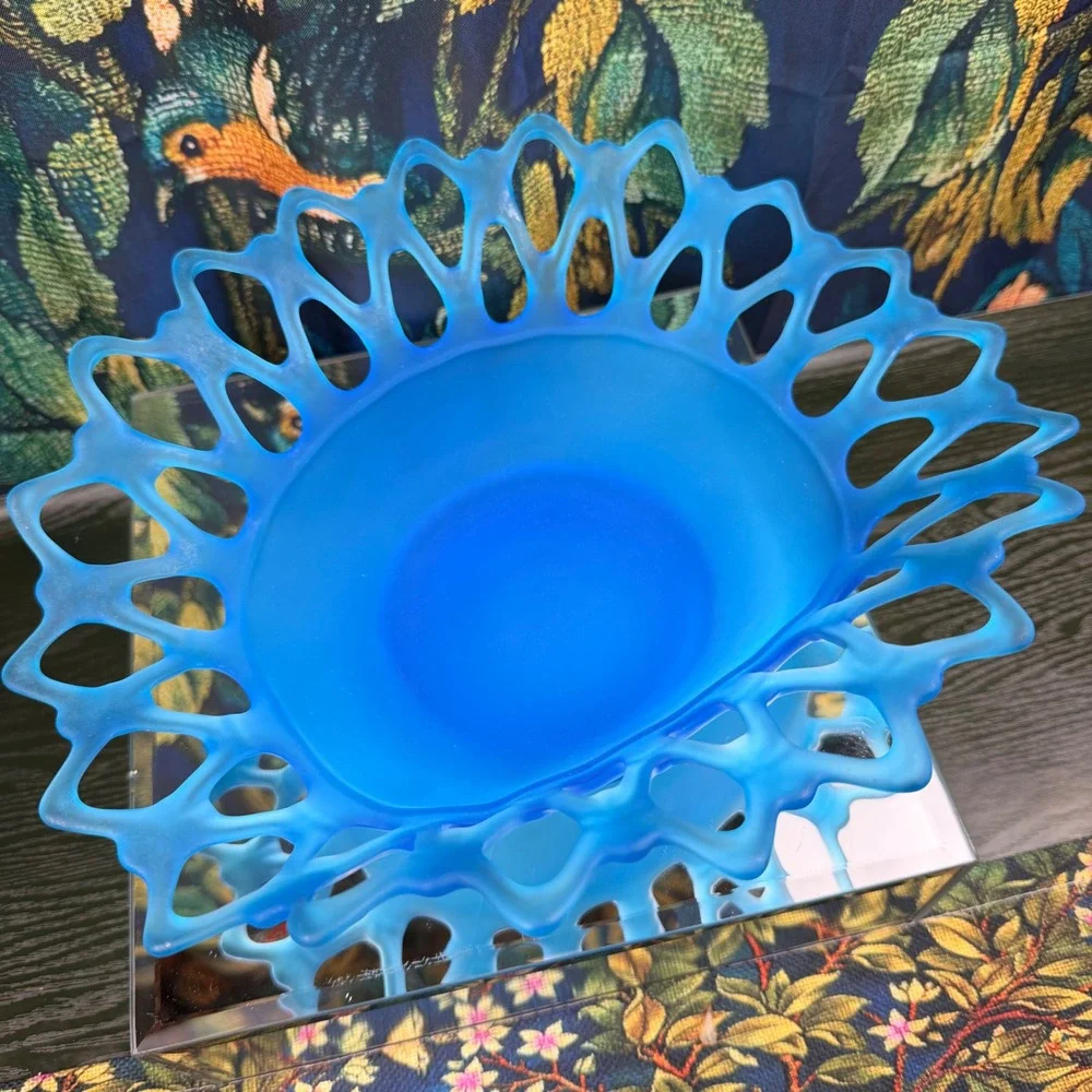 Vintage Blue Satin Frosted Glass Lattice Reticulated Ruffled Edge Oval Bowl